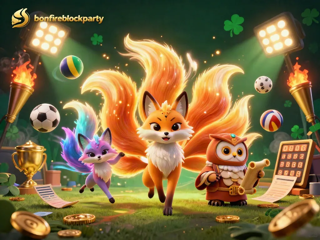 Engage in thrilling bets at the bonfireblockparty with a vibrant 3D illustration of animated characters and gaming elements.