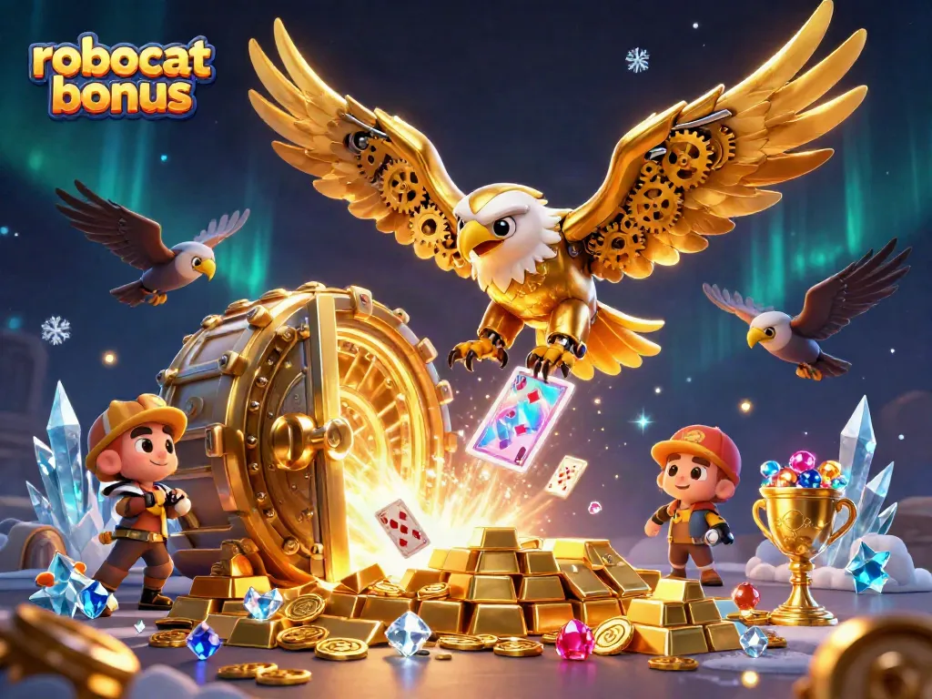 Experience the excitement of robocat bonus as the golden eagle flies through holographic playing cards and treasure.
